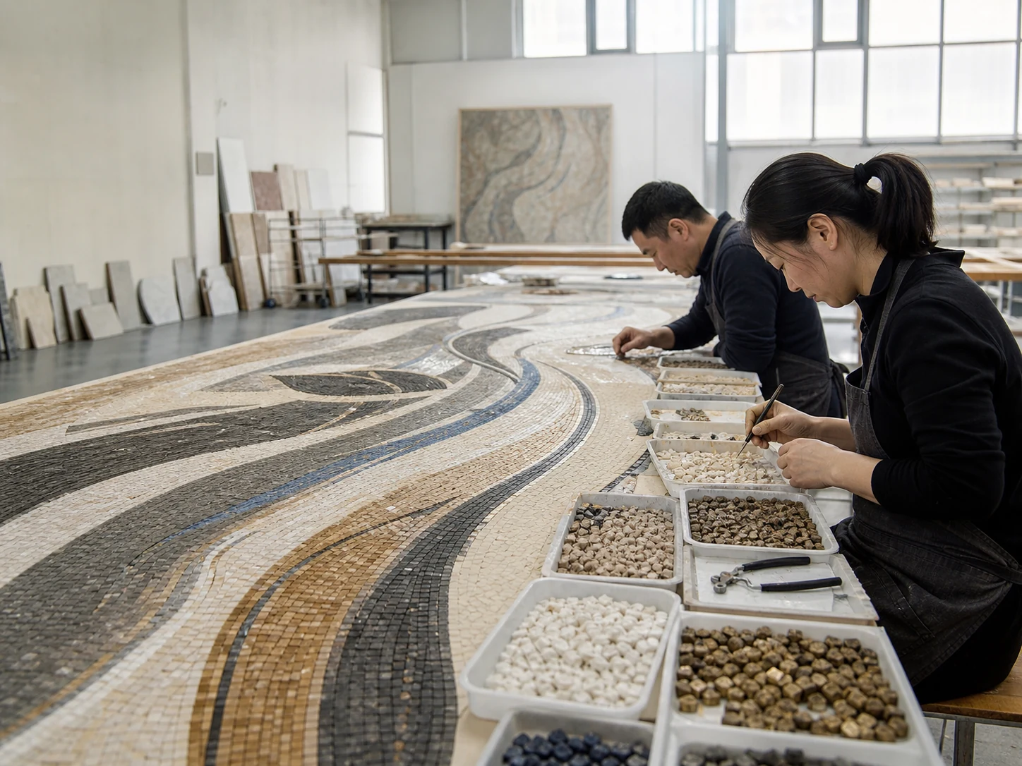 Chinese DS Mosaic artisans assembling a large hand-cut art mural in the factory