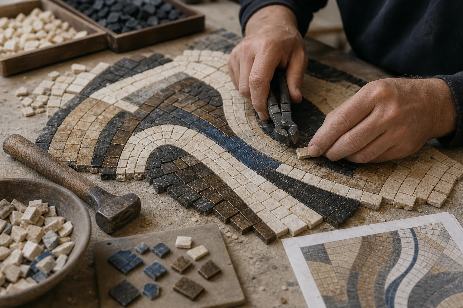 Artisan cutting and placing stone tesserae into a flowing mosaic composition