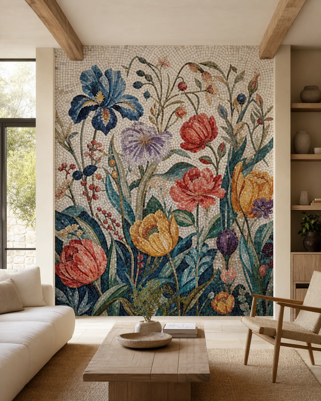 Colorful hand-cut floral mosaic mural installed in a warm neutral living room