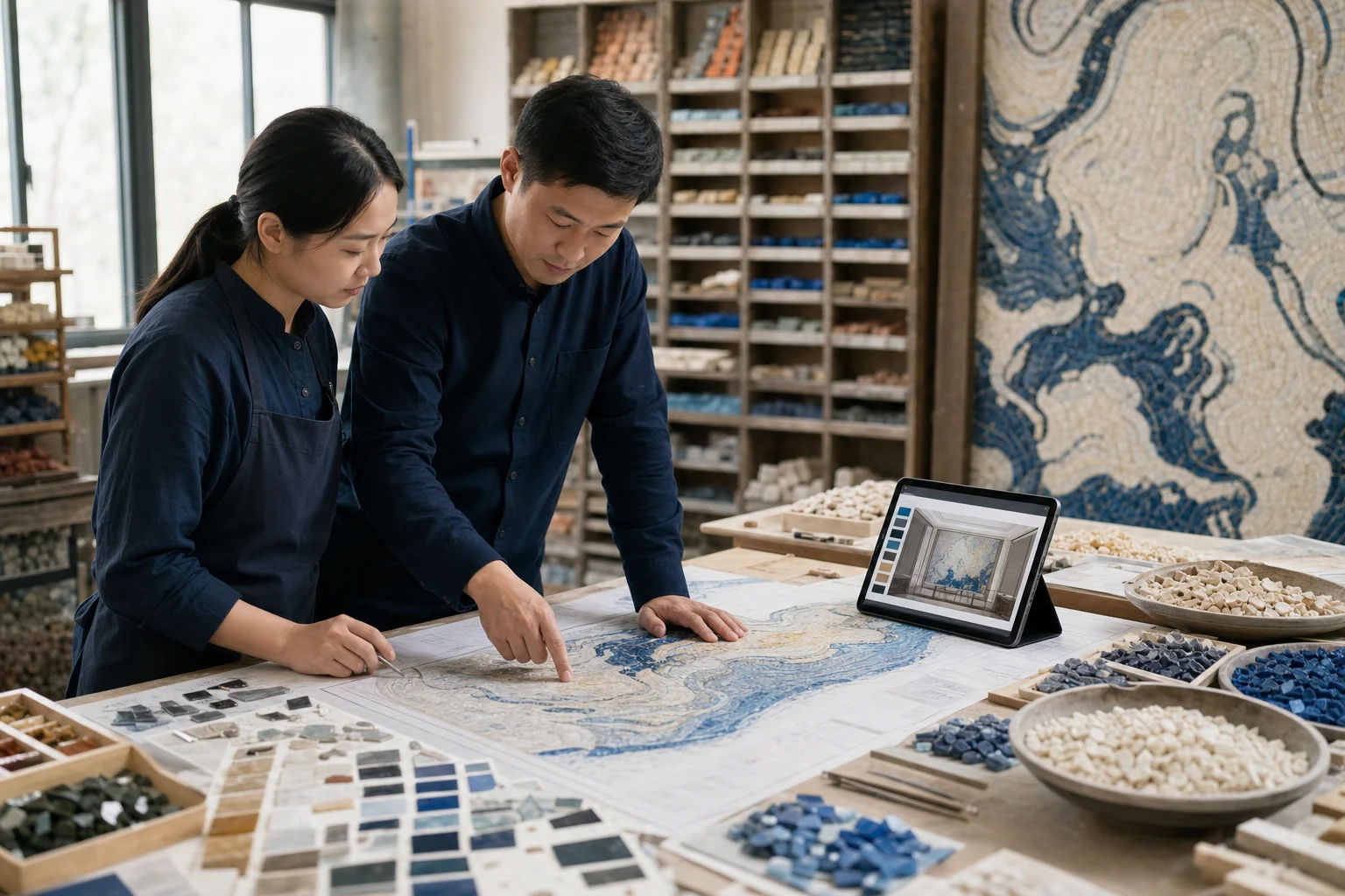 Chinese DS Mosaic project team reviewing a custom mural plan with hand-cut tesserae samples