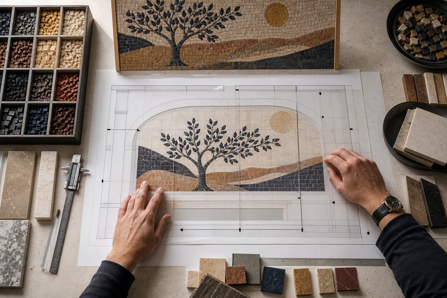Mosaic designer reviewing custom dimensions, crop and palette for a gallery mural