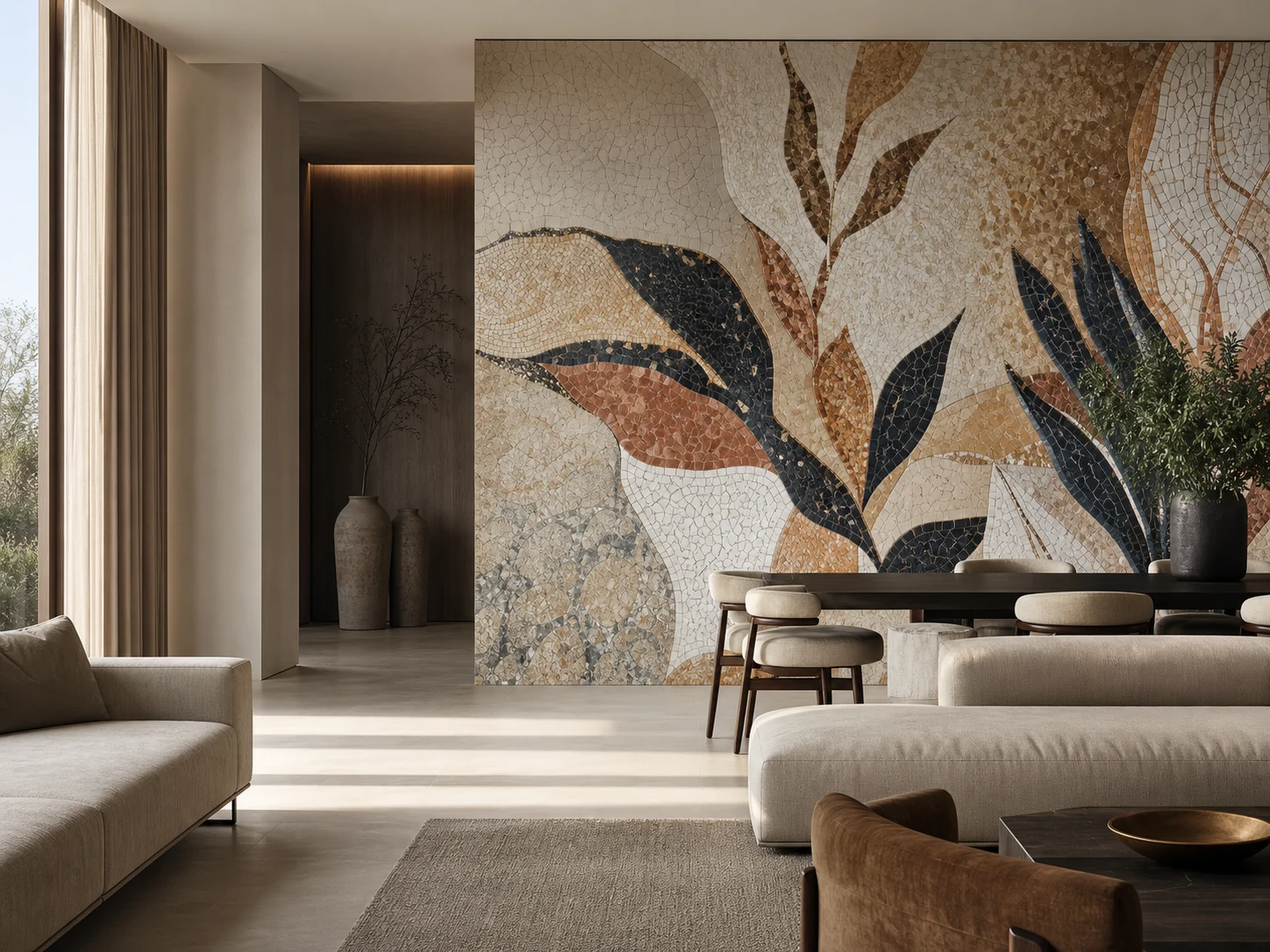 Bespoke abstract botanical mosaic mural installed in a contemporary living and dining room
