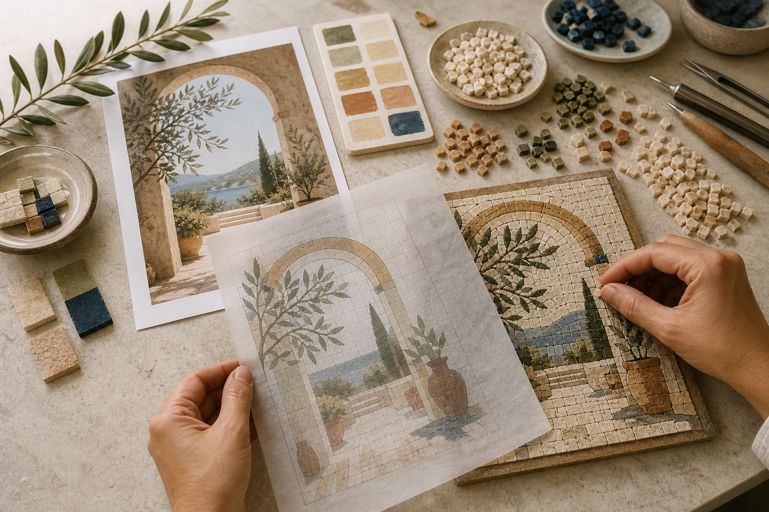 Client reference image being translated into a gridded custom mosaic design