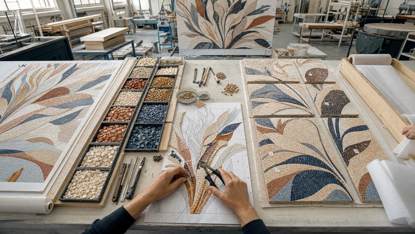 Custom mosaic workflow from approved design and tessera selection to numbered sections and packing