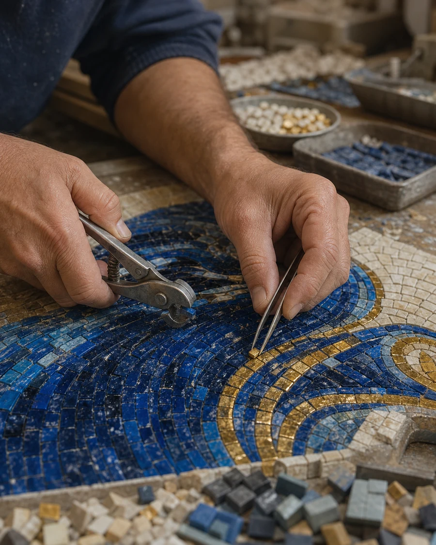 Artisan cutting and placing mosaic tesserae