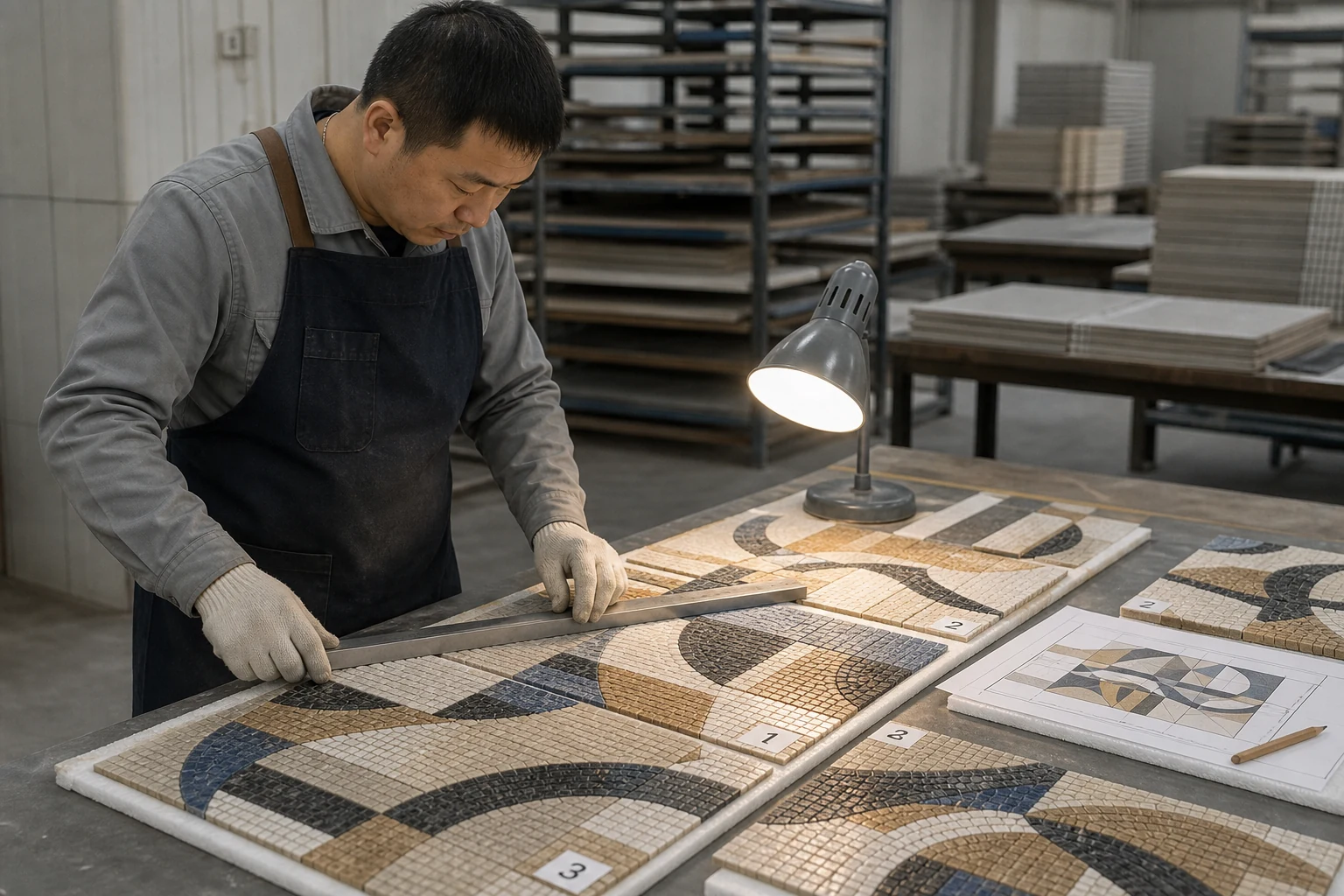 Chinese quality-control specialist inspecting numbered mosaic sections before packing