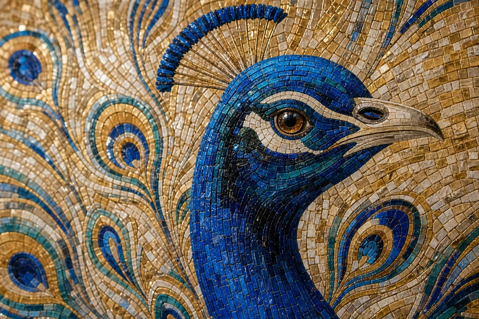 Blue and gold peacock mosaic mural