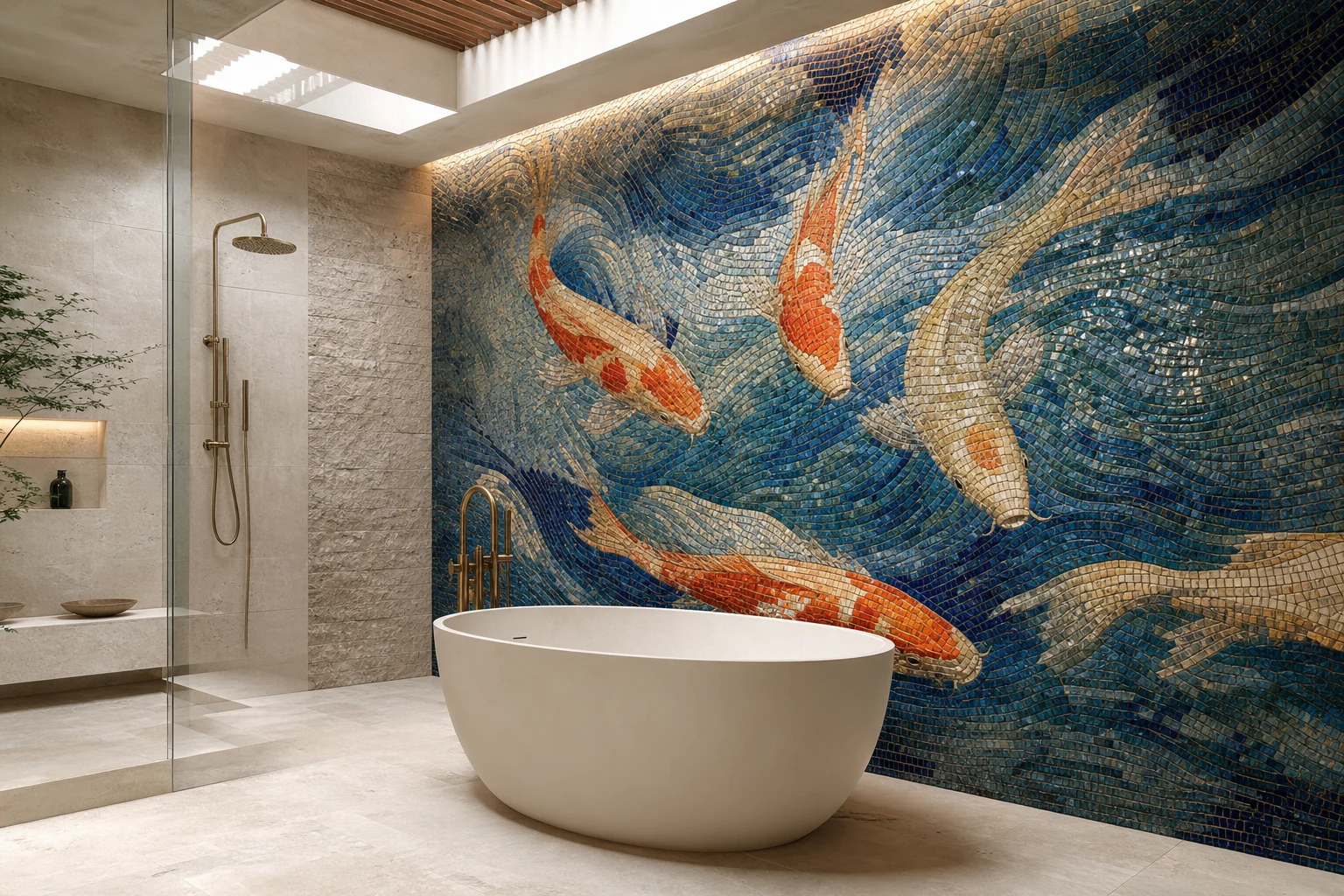 Koi mosaic mural installed in a spa bathroom