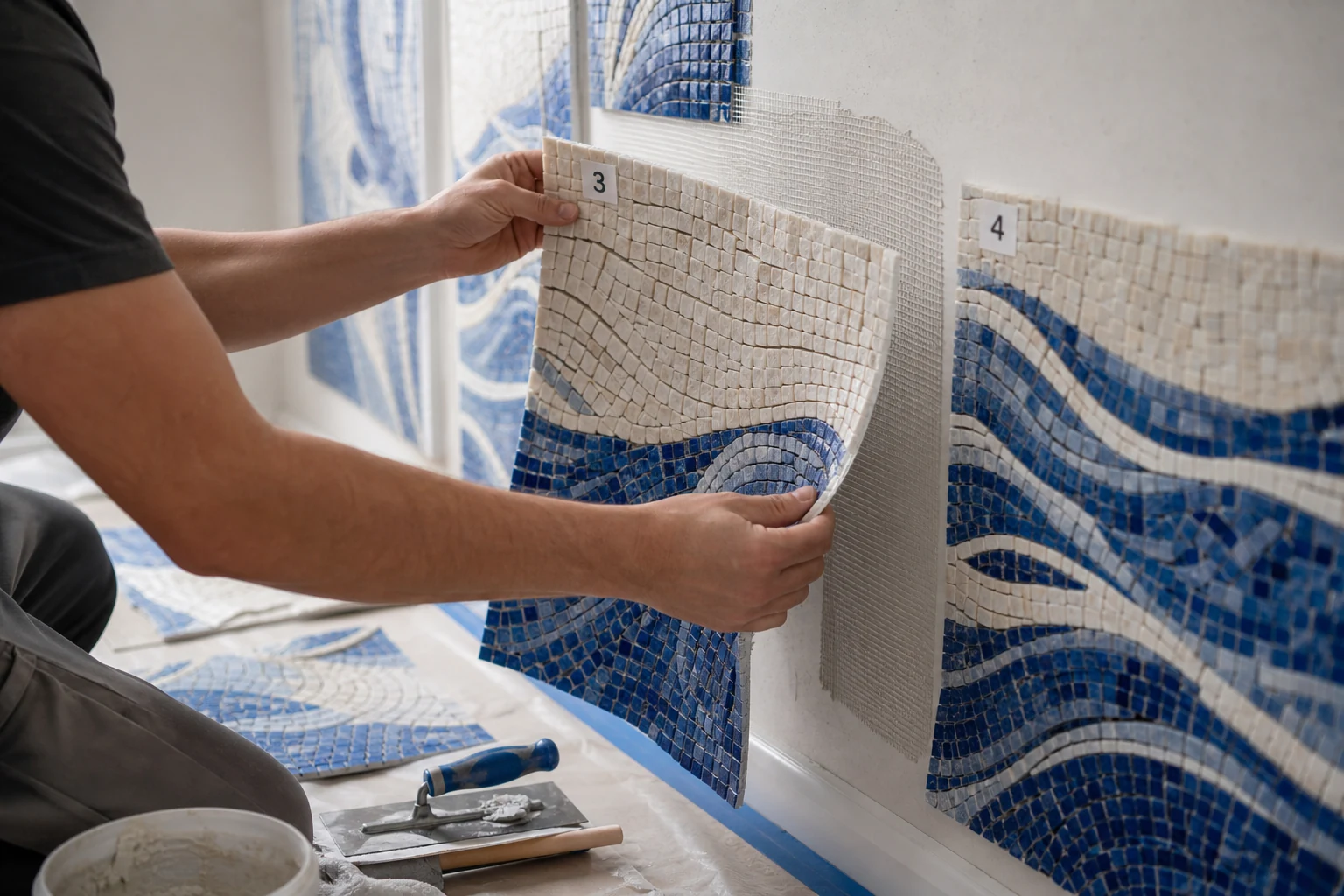 Installer aligning numbered mesh-backed mosaic sections