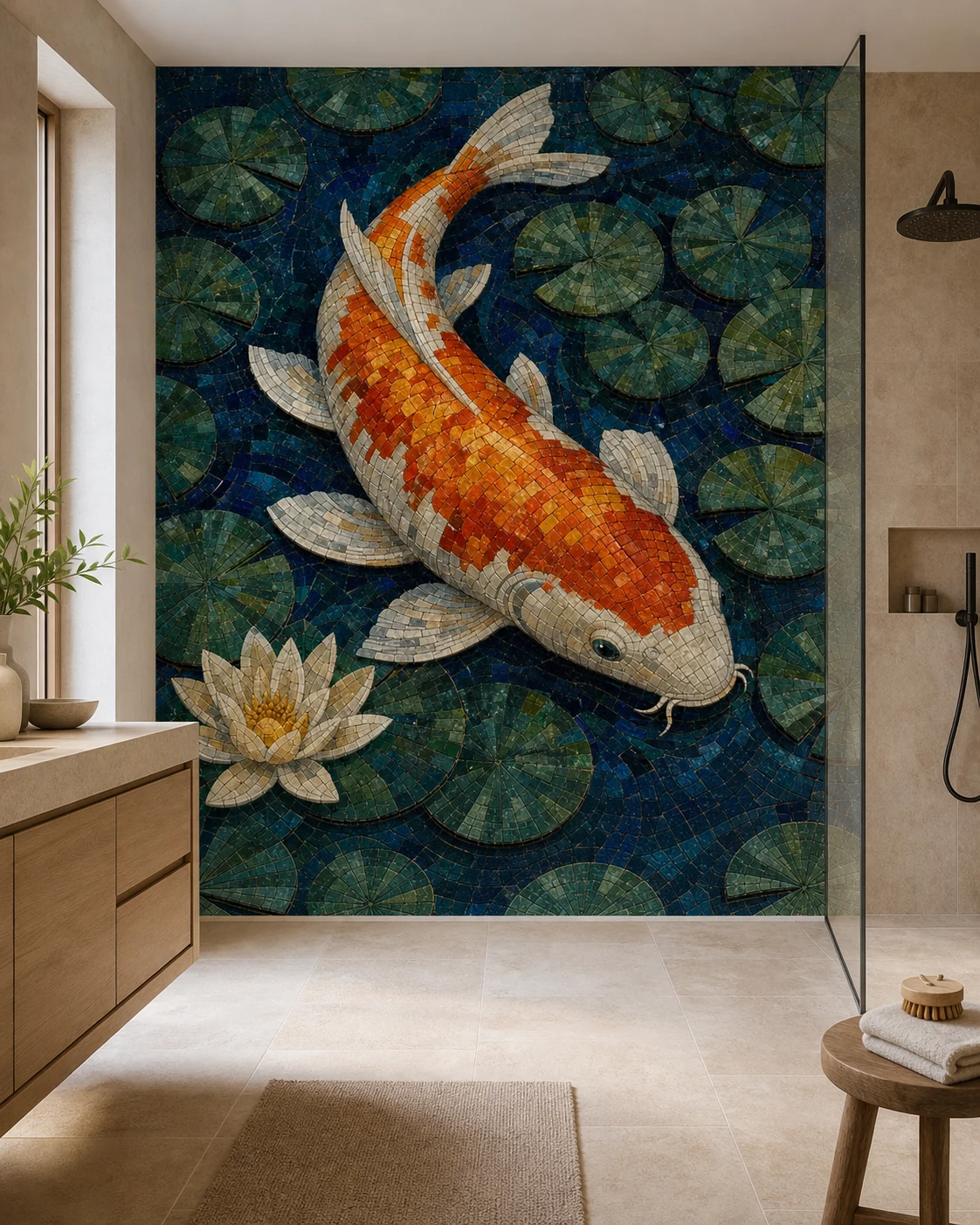 Koi Pond mosaic mural installed in a contemporary interior