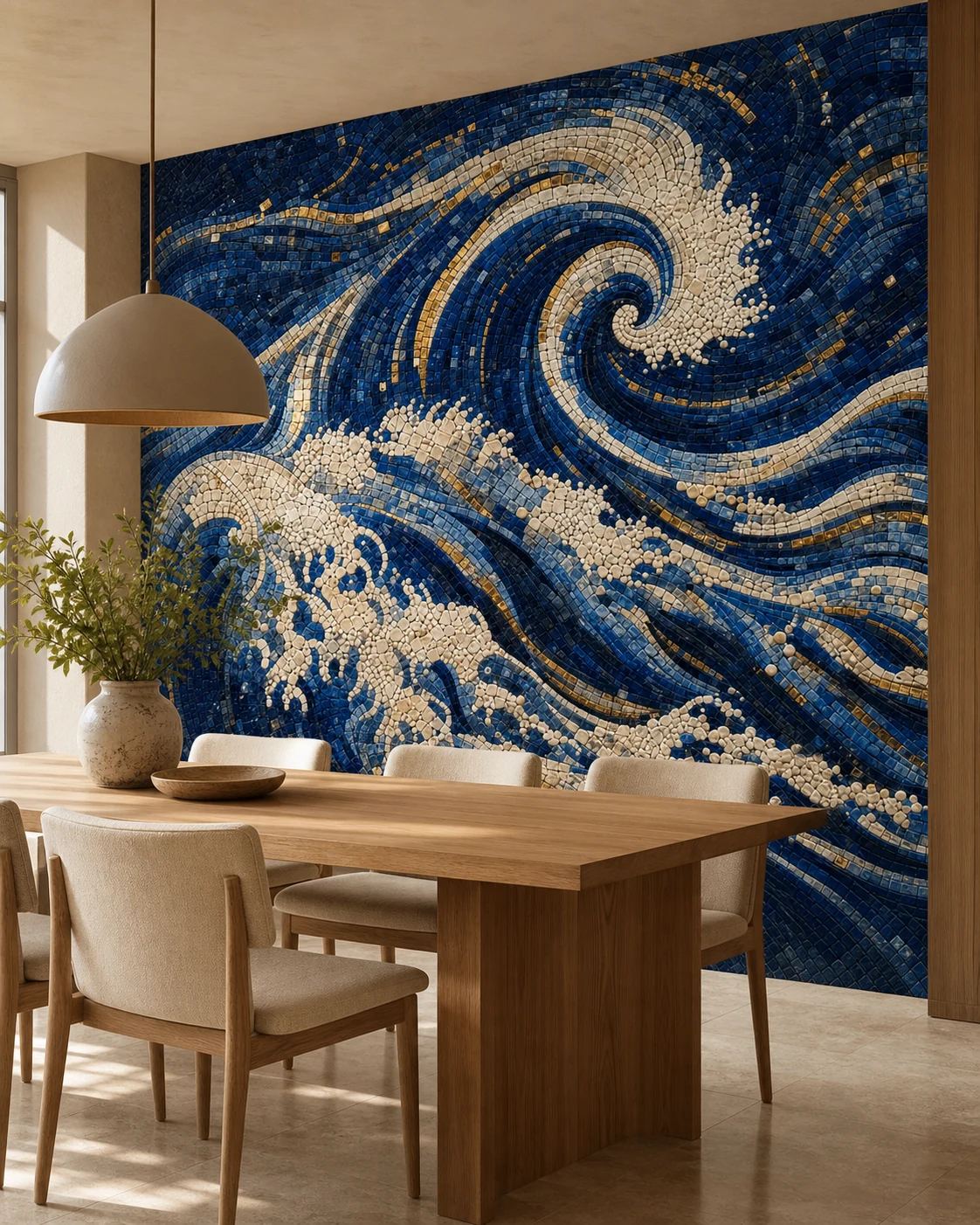 Ocean Motion mosaic mural installed in a contemporary interior