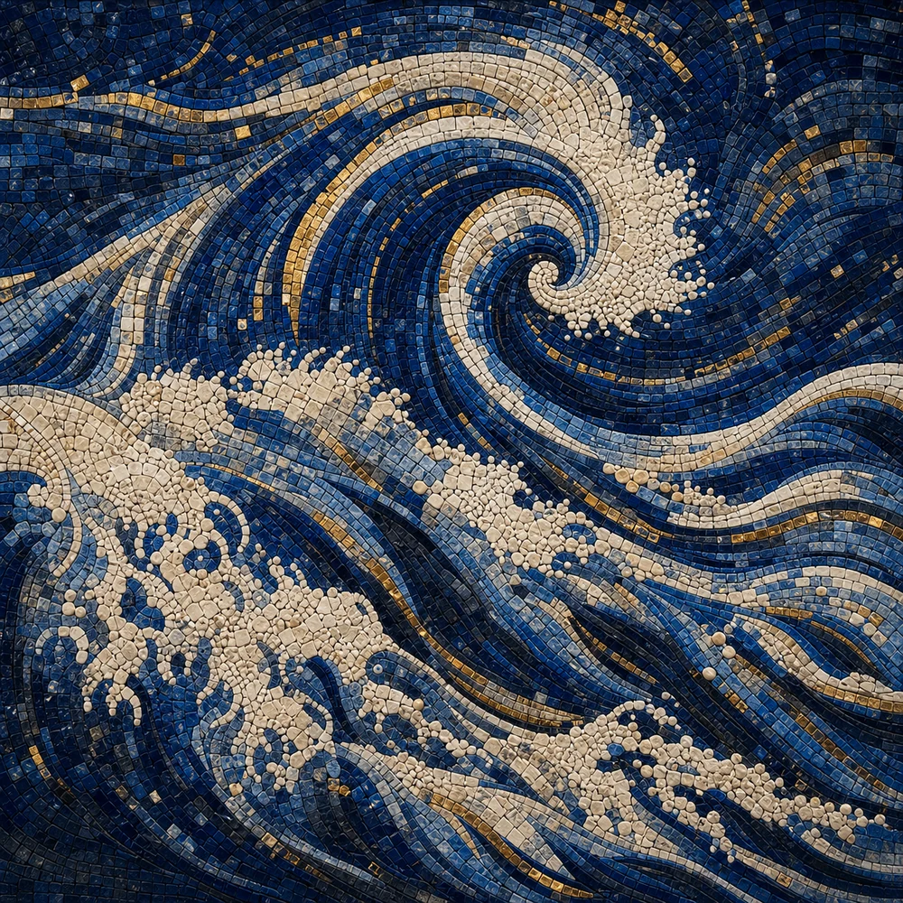 Ocean Motion hand-cut mosaic mural