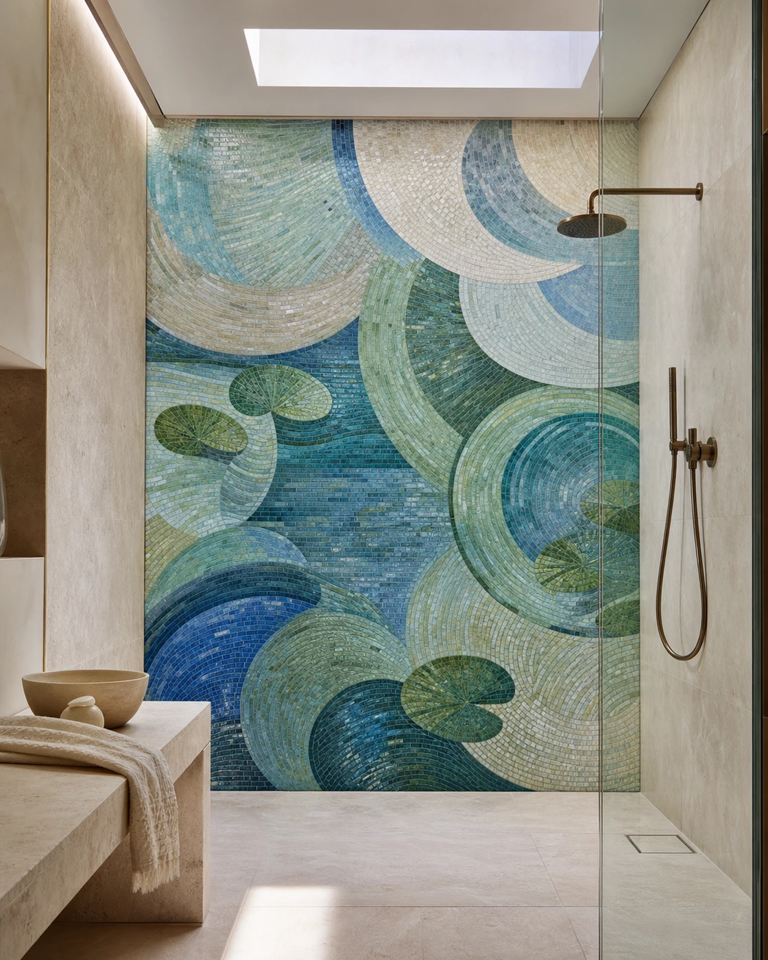Abstract aquatic hand-cut mosaic mural installed in a contemporary shower