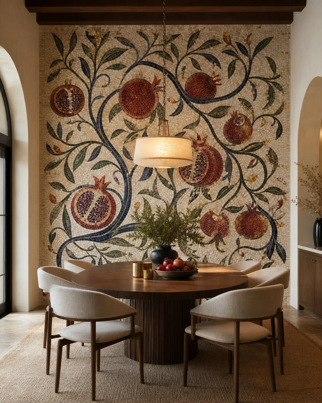 Pomegranate and vine hand-cut mosaic mural installed in an elegant dining room