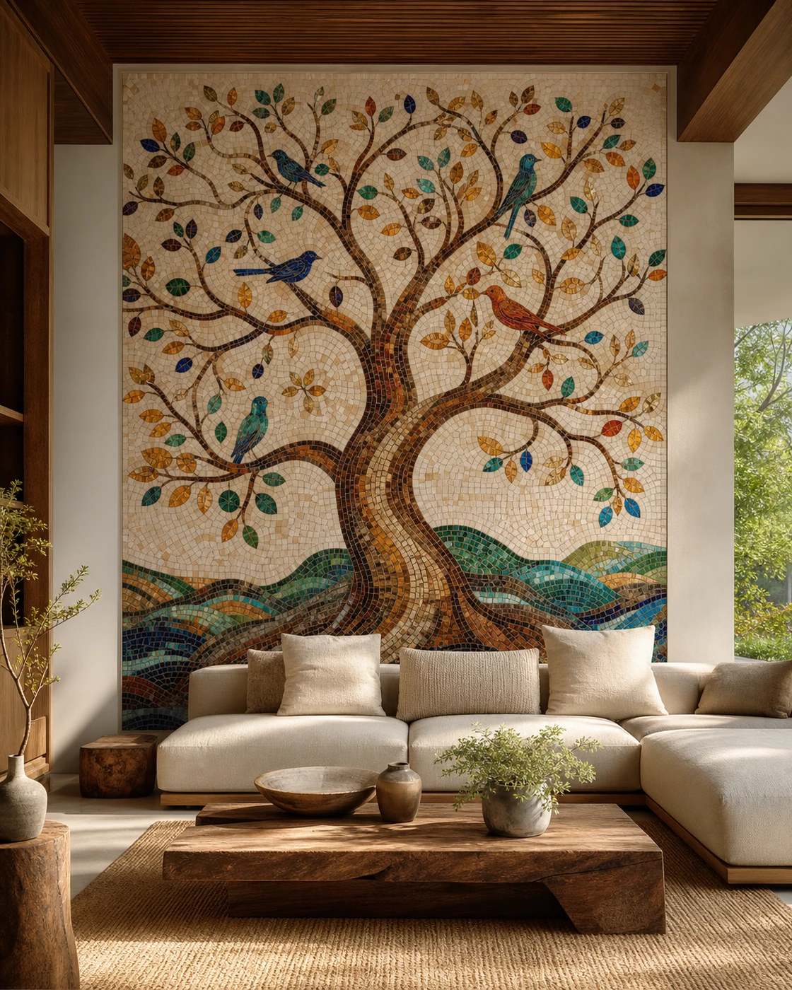 Tree of Life hand-cut mosaic mural installed in a warm neutral living room