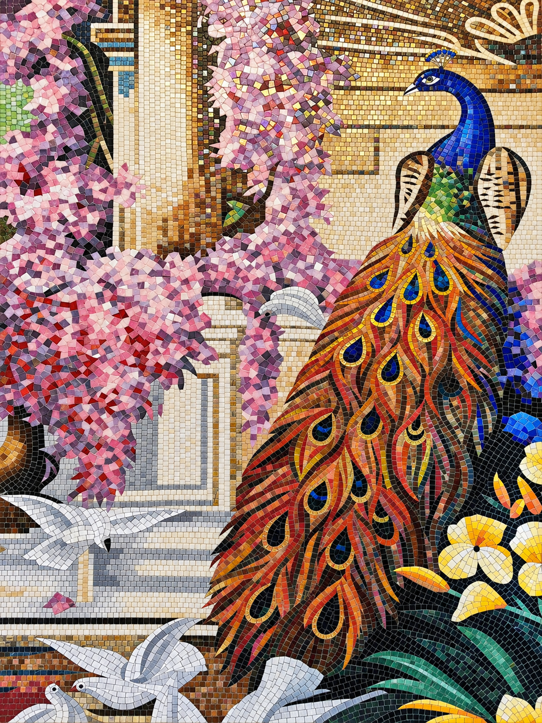 AI-enhanced peacock mosaic artwork with pink blossoms and hand-cut tesserae