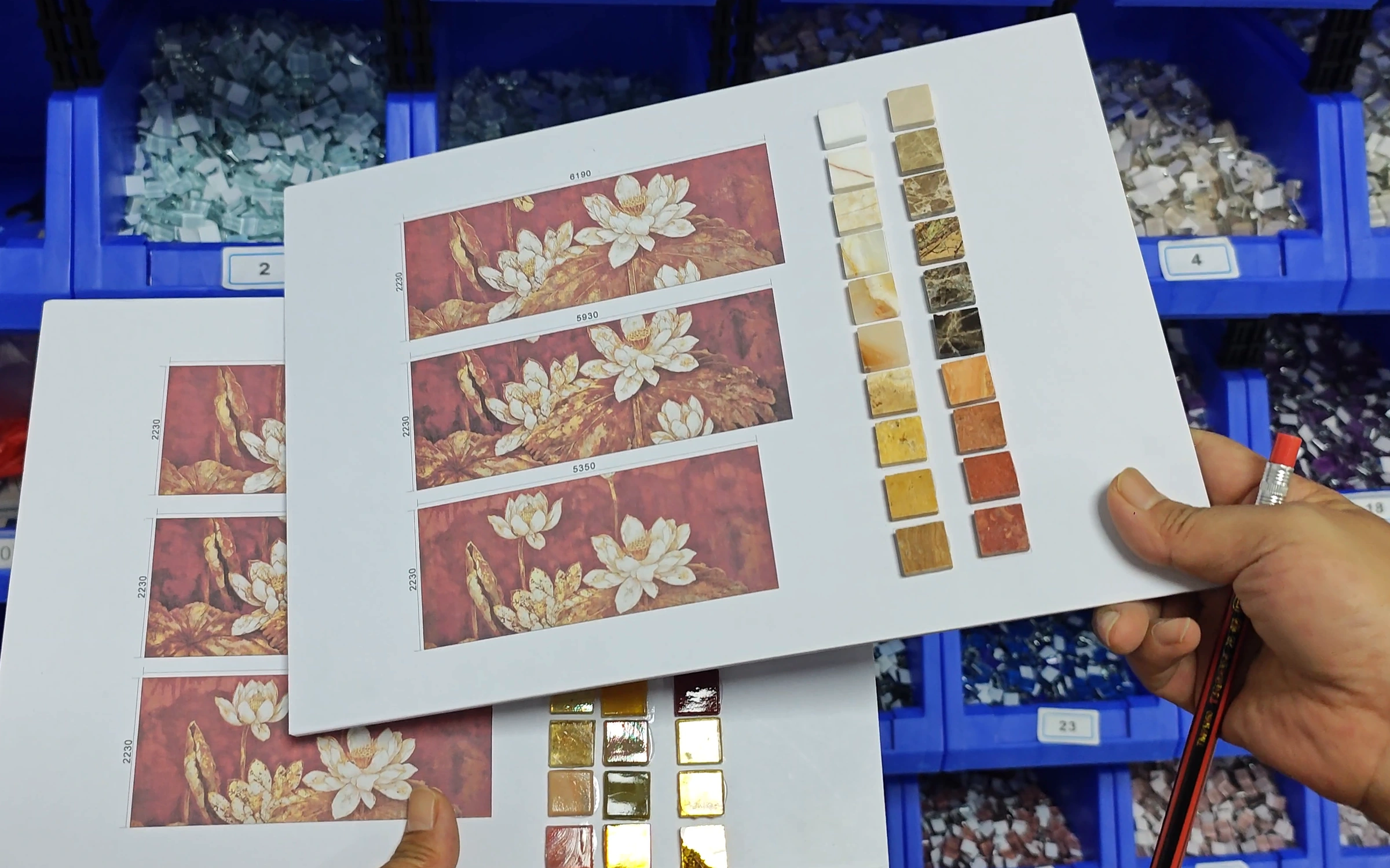 Magnolia mosaic design boards compared with rows of physical tile samples
